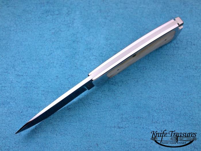 Custom Folding-Inter-Frame, Tail Lock, A-2 Stainless Steel, Stag Bone Knife made by Ron Lake