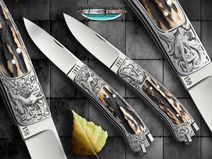 Custom Folding-Inter-Frame, Tail Lock, ATS-34 Stainless Steel, Stag Knife made by Ron Lake