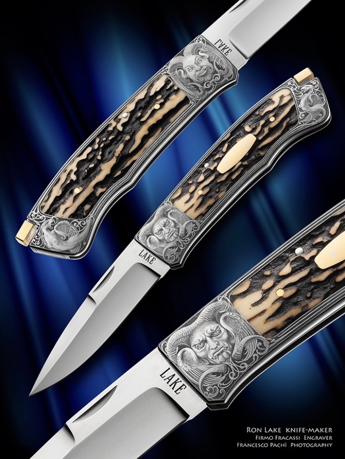 Custom Folding-Inter-Frame, Tail Lock, Damascus, Natural Stag Knife made by Ron Lake