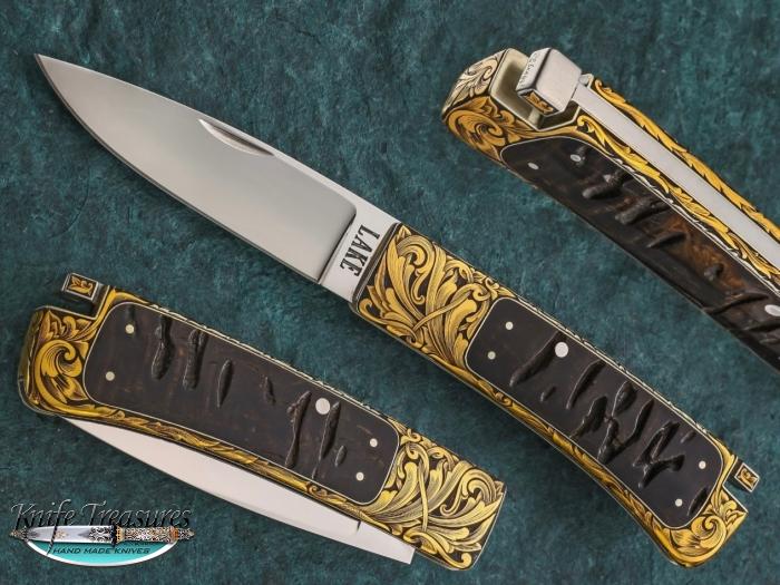 Custom Folding-Inter-Frame, Tail Lock, ATS-34 Stainless Steel, Surface Black Buffalo Horn Knife made by Ron Lake
