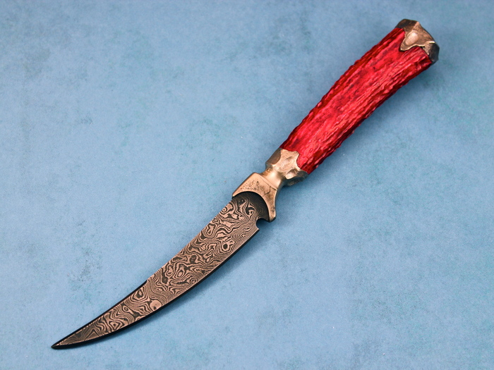 Custom Fixed Blade, N/A, Damascus Steel, Dyed Sambar Stag Knife made by Virgil England