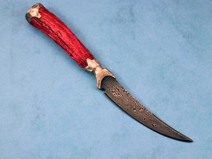 Custom Fixed Blade, N/A, Damascus Steel, Dyed Sambar Stag Knife made by Virgil England