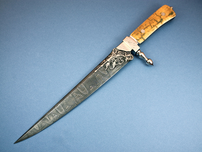 Custom Fixed Blade, N/A, Mosaic Ladder Pattern Damascus, Fossilized Mammoth Knife made by Rick Eaton