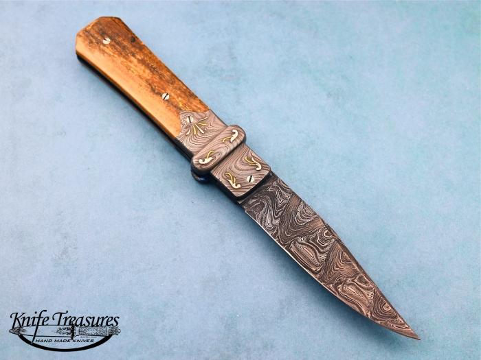Custom Folding-Bolster, Liner Lock, Damascus Steel by Maker, Fossilized Mammoth Knife made by Rick Eaton