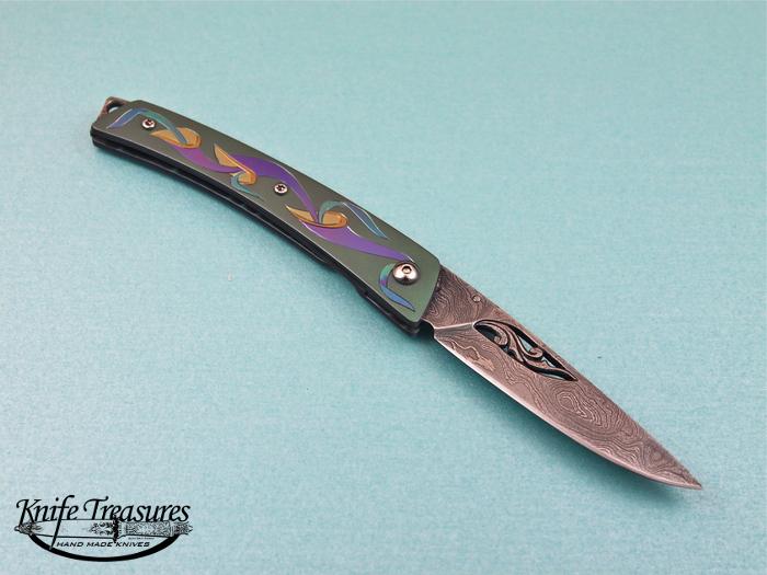 Custom Folding-Inter-Frame, Liner Lock, Damascus Steel, Titanium Knife made by Donald  Bell