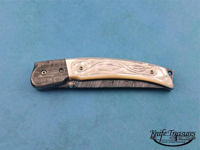 Custom Folding-Bolster, Liner Lock, Damascus Steel, Carved Mother Of Pearl Knife made by Donald  Bell