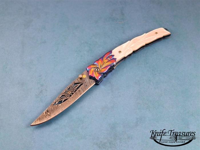 Custom Folding-Bolster, N/A, Carved Damascus Steel, Carved Mother Of Pearl Knife made by Donald  Bell
