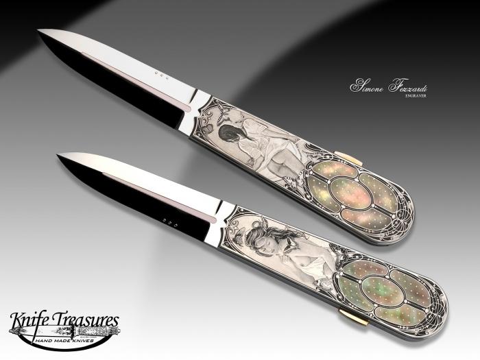 Custom Folding-Inter-Frame, Lock Back, ATS-34 Stainless Steel, Black Lip Pearl W/Gold Pins Knife made by Antonio Fogarizzu