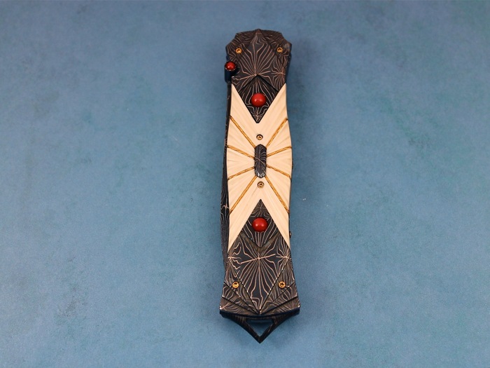 Custom Folding-Bolster, Liner Lock, Hot Blued Damascus Steel, Fluted Antique Ivory w Gold Wire  Knife made by Mark Steinbracher