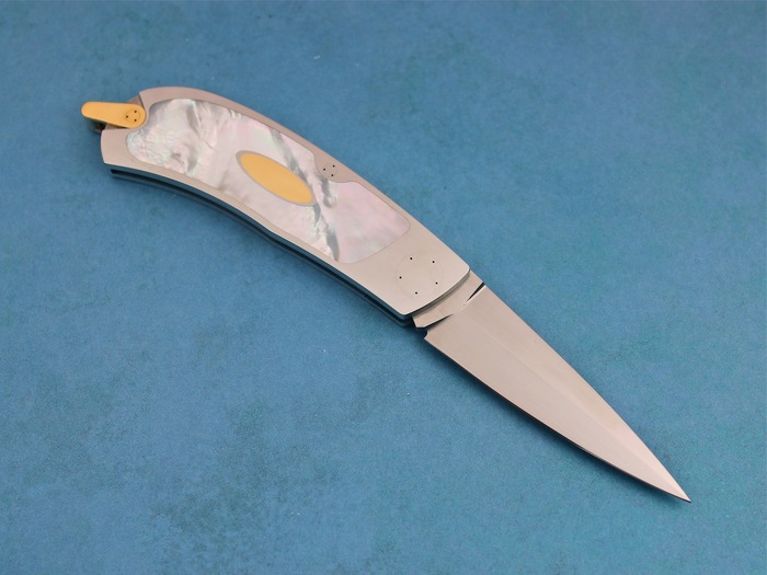 Custom Folding-Inter-Frame, Lock Back, ATS-34 Stainless Steel, Mother Of Pearl W Gold Escutcheons Knife made by Richard Hodgson