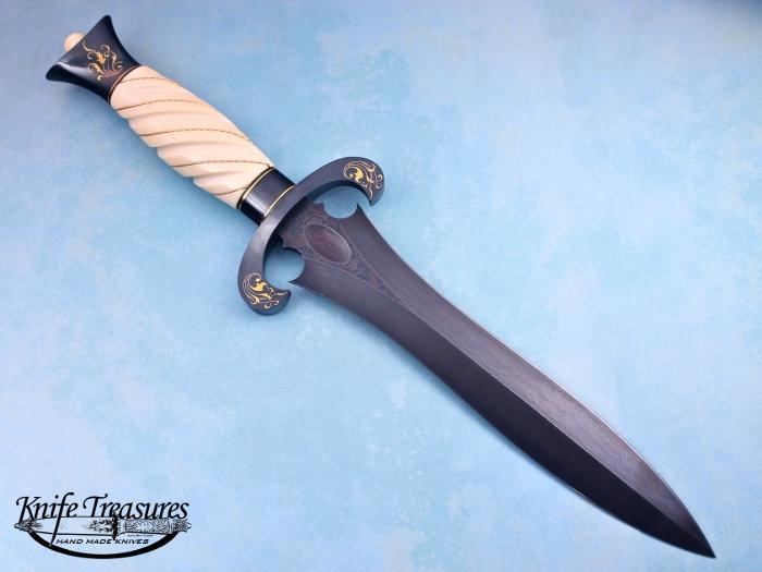 Custom Fixed Blade, N/A, Blued Damascus Steel, Fluted Fossilized Mammoth with Gold Wire Knife made by Willie Rigney