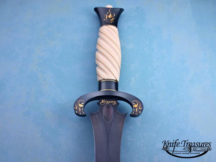 Custom Fixed Blade, N/A, Blued Damascus Steel, Fluted Fossilized Mammoth with Gold Wire Knife made by Willie Rigney