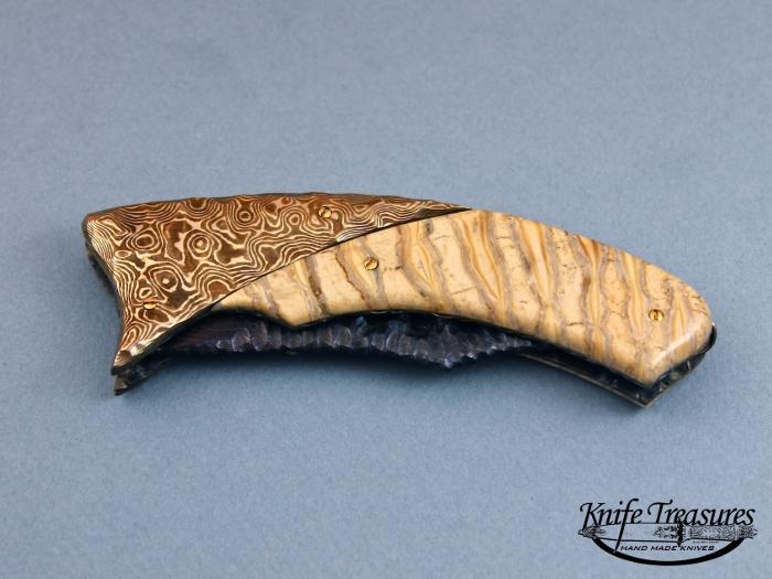 Custom Folding-Bolster, Liner Lock, Delbert Early Damascus, Fosslized Mammoth Tooth Knife made by Arthur Whale