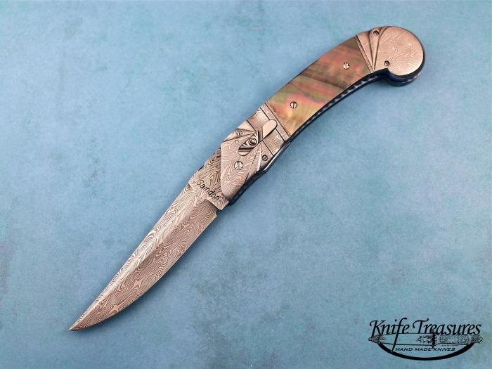Custom Folding-Bolster, Liner Lock, Damascus Steel, Black Lip Pearl Knife made by Bill Saindon