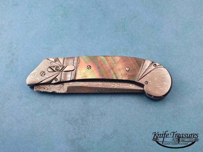 Custom Folding-Bolster, Liner Lock, Damascus Steel, Black Lip Pearl Knife made by Bill Saindon
