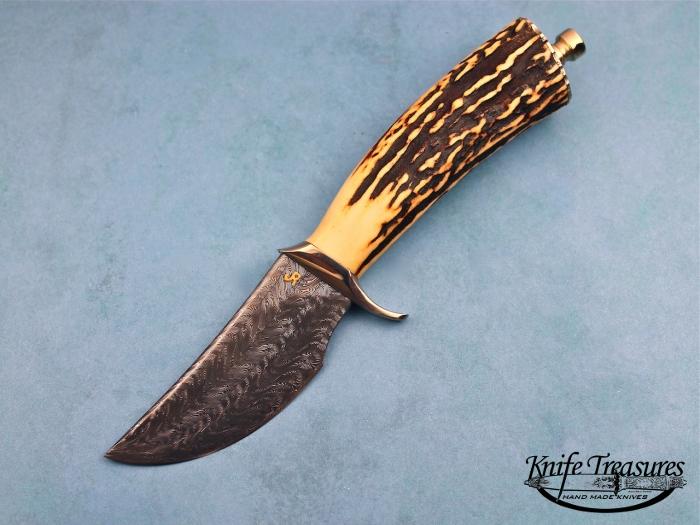 Custom Fixed Blade, N/A, Jerry Rados 6 Bar damascus, Natural Stag Knife made by Jerry Rados