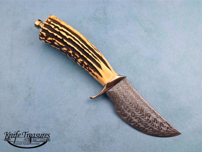 Custom Fixed Blade, N/A, Jerry Rados 6 Bar damascus, Natural Stag Knife made by Jerry Rados