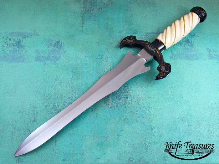 Custom Fixed Blade, N/A, ATS-34 Stainless Steel, Fluted Fosilized Ivory w Gold Wire Knife made by Curt Erickson
