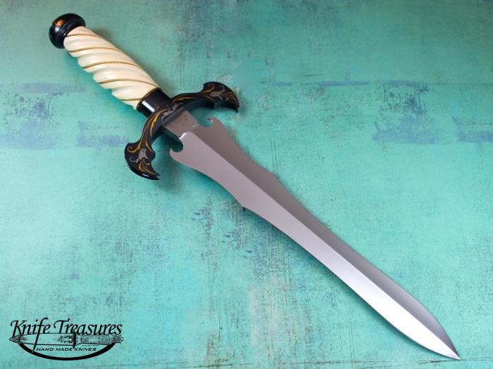Custom Fixed Blade, N/A, ATS-34 Stainless Steel, Fluted Fosilized Ivory w Gold Wire Knife made by Curt Erickson