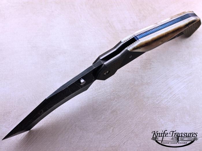 Custom Folding-Bolster, Liner Lock, Damascus Steel, Fossilized Walrus Knife made by Jody Muller