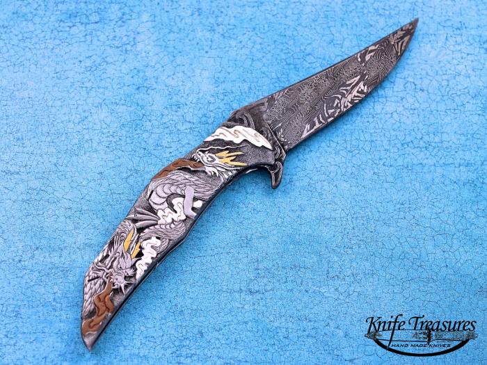 Custom Folding-Inter-Frame, Liner Lock, Damascus Steel by Maker, 416 Stainless Steel Knife made by Jody Muller