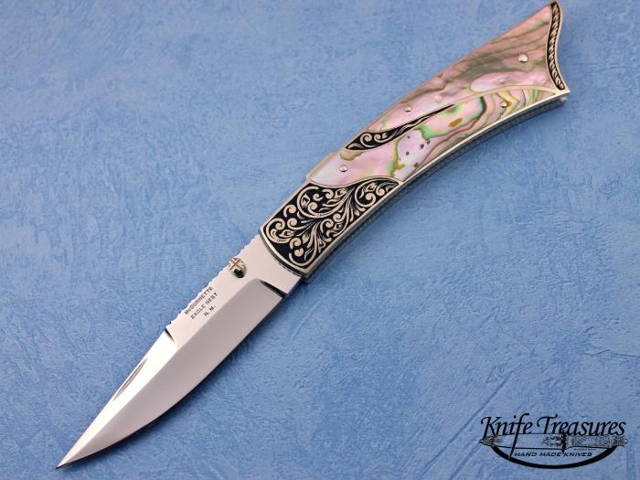 Custom Fixed Blade, Mid-Lock, 154 CM, Abalone Knife made by Harvey McBurnette