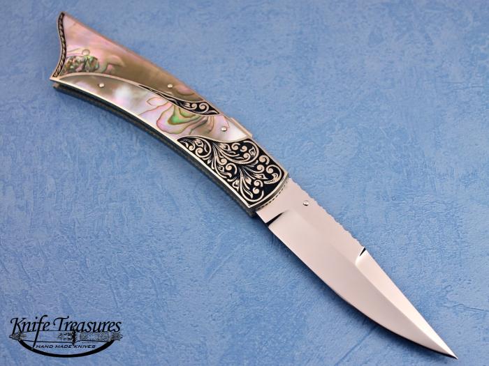 Custom Fixed Blade, Mid-Lock, 154 CM, Abalone Knife made by Harvey McBurnette