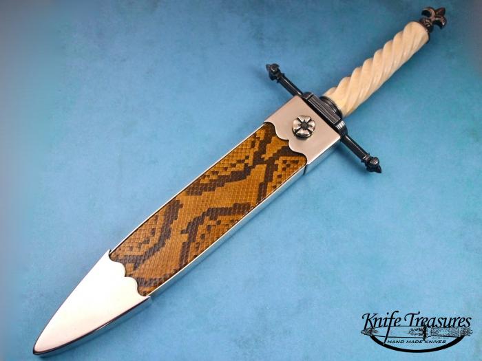 Custom Fixed Blade, N/A, Ladder Pattern Damascus By Jim, Fluted Fossilized Walrus Ivory Knife made by Jim  Schmidt