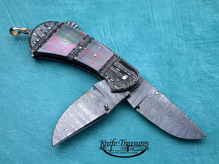 Custom Folding-Bolster, Tail Lock, Damascus by Maker, Black Lip Pearl Knife made by Jim  Schmidt