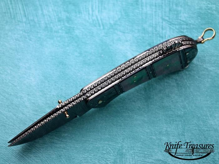 Custom Folding-Bolster, Tail Lock, Damascus by Maker, Black Lip Pearl Knife made by Jim  Schmidt