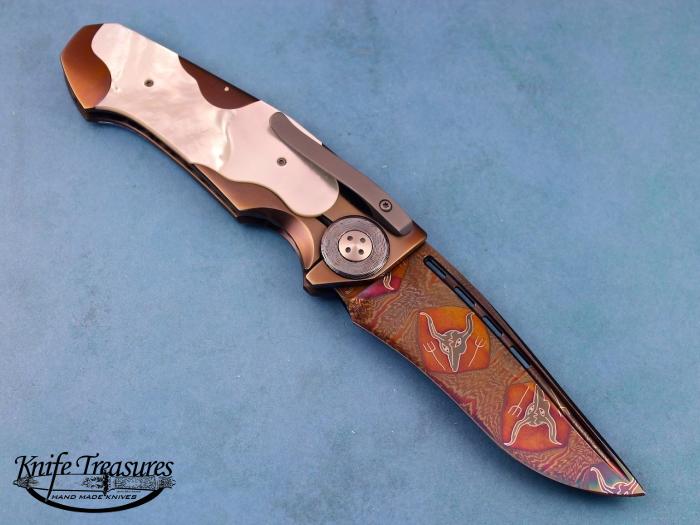 Custom Folding-Inter-Frame, Liner Lock, Gary House Damascus, Mother Of Pearl Knife made by Allen Elishewitz