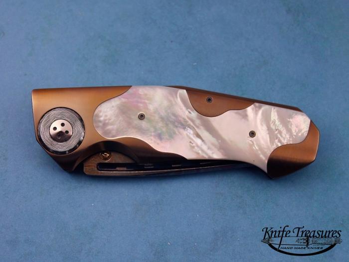 Custom Folding-Inter-Frame, Liner Lock, Gary House Damascus, Mother Of Pearl Knife made by Allen Elishewitz