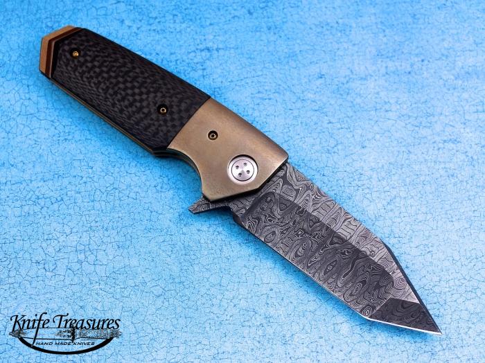 Custom Folding-Bolster, Liner Lock, Damascus Steel, Carbon Fiber Knife made by Allen Elishewitz