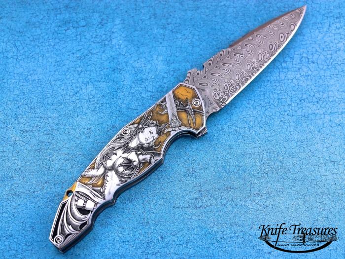 Custom Folding-Inter-Frame, Liner Lock, Damascus Steel, 416 Stainless Steel Knife made by Sergio Consoli
