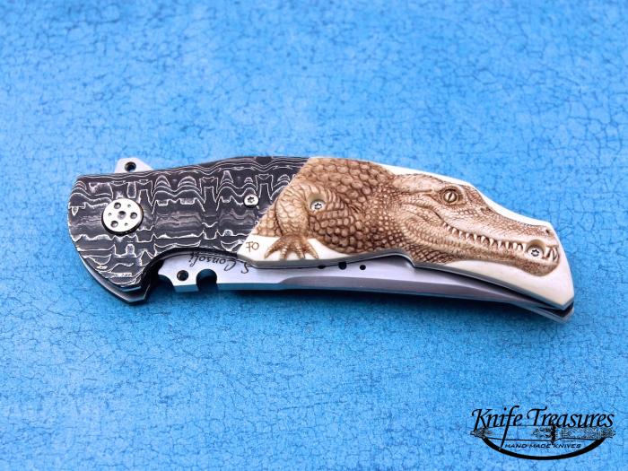 Custom Folding-Bolster, Liner Lock, RWL-34 Steel, Carved Fossilized Mammoth Knife made by Sergio Consoli