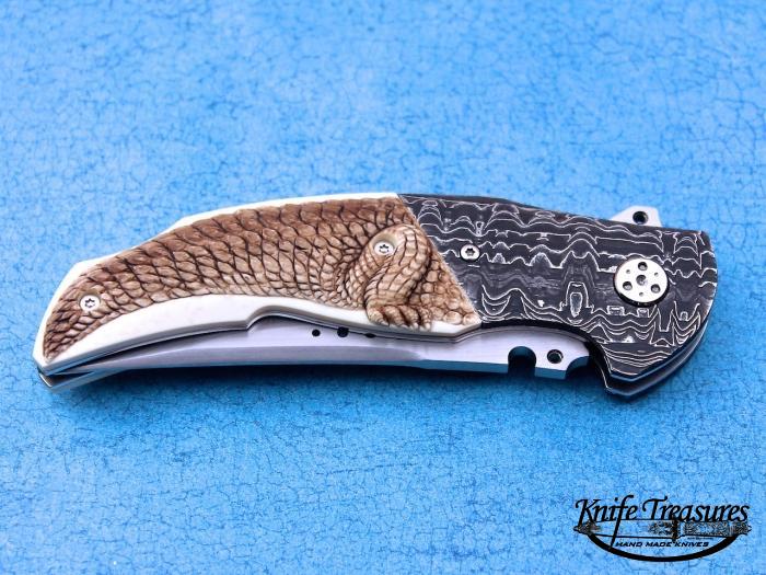 Custom Folding-Bolster, Liner Lock, RWL-34 Steel, Carved Fossilized Mammoth Knife made by Sergio Consoli