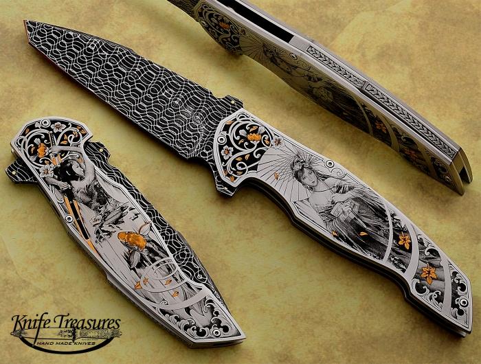 Custom Fixed Blade, Liner Lock, Spirograph Damascus, 416 Stainless Steel Knife made by Sergio Consoli