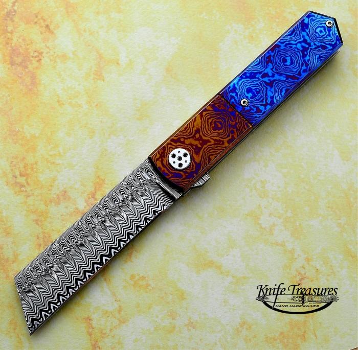 Custom Folding-Inter-Frame, Liner Lock, Stainless Ladder Pattern Damascus, Timascus Knife made by Sergio Consoli