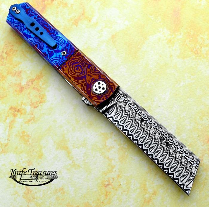 Custom Folding-Inter-Frame, Liner Lock, Stainless Ladder Pattern Damascus, Timascus Knife made by Sergio Consoli