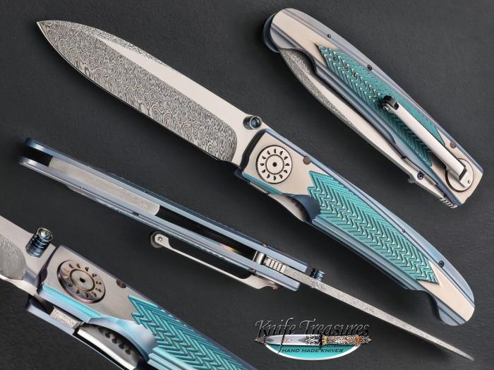 Custom Folding-Inter-Frame, Liner Lock, Damascus, Milled Anodized Titanium Knife made by Michael Walker