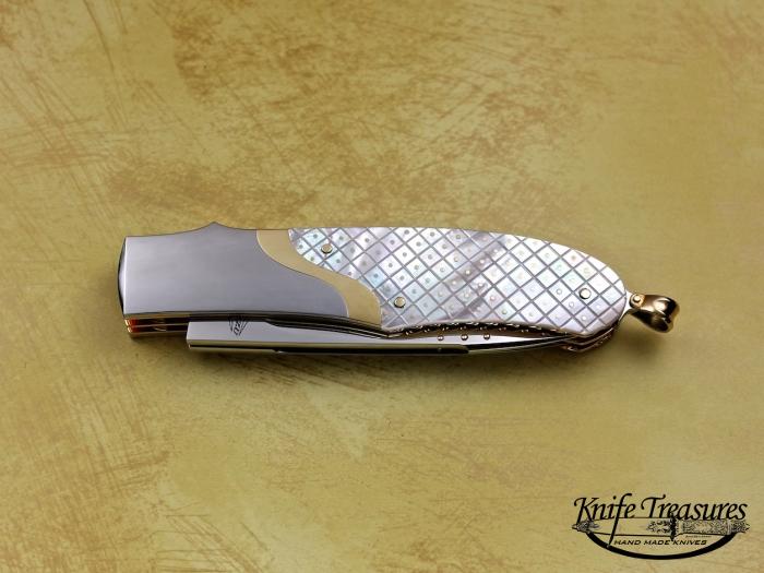 Custom Folding-Bolster, Tail Lock, ATS-34 Steel, Piqued Mother Of Pearl w/Gold Pins Knife made by Tore Fogarizzu