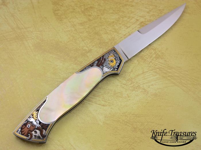 Custom Folding-Bolster, Front Lock, ATS-34 Stainless Steel, Gold Lip Pearl Knife made by Tim Herman