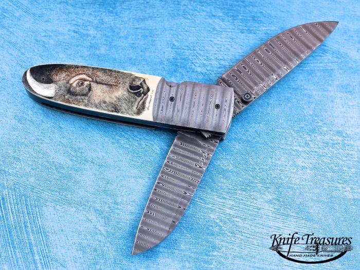 Custom Folding-Bolster, Liner Lock, Ladder Pattern Damascus, Phenolic Knife made by Kit Carson