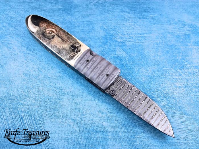Custom Folding-Bolster, Liner Lock, Ladder Pattern Damascus, Phenolic Knife made by Kit Carson
