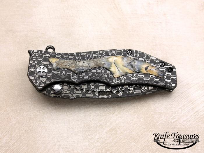Custom Folding-Inter-Frame, Liner Lock, Chad Nichols Damascus Steel, Fossilized Mammoth Tooth Inlay Knife made by Darrel Ralph