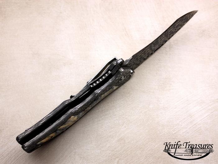 Custom Folding-Inter-Frame, Liner Lock, Chad Nichols Damascus Steel, Fossilized Mammoth Tooth Inlay Knife made by Darrel Ralph