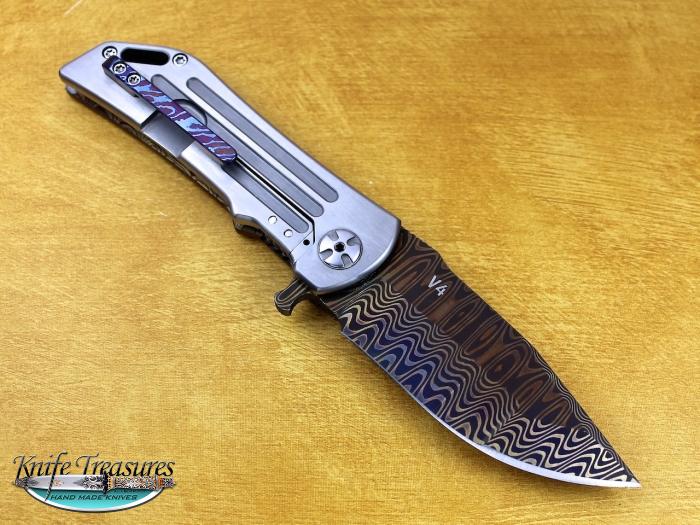 Custom Folding-Inter-Frame, Liner Lock, Chad Nichols Damascus Steel, Raindrop Mokuti Knife made by Darrel Ralph