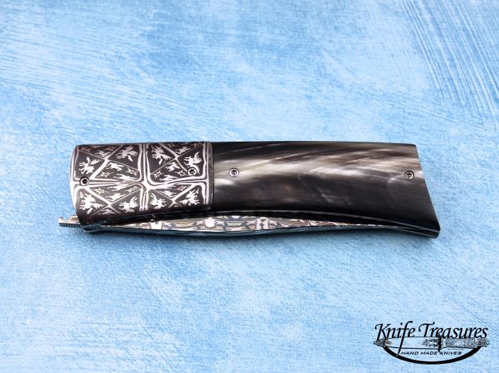 Custom Folding-Bolster, Liner Lock, Pizzi Mosaic Damascus, Water Buffalo Knife made by Luca Pizzi