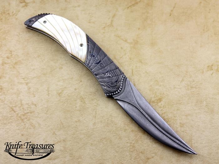Custom Folding-Bolster, Liner Lock, Carved Damascus, Carved Gold Lip Pearl Knife made by Rex Robinson