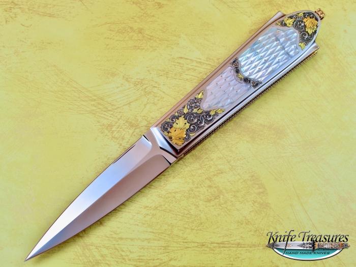 Custom Folding-Inter-Frame, Lock Back, ATS-34 Stainless Steel, Piqued Mother Of Pearl With Gold Pins Knife made by Salvatore Puddu
